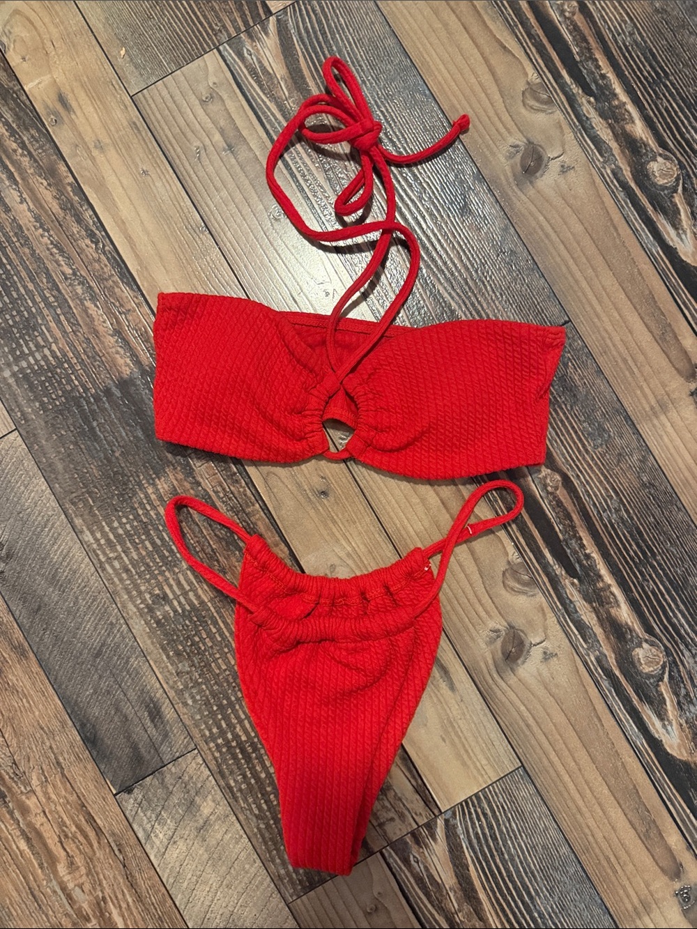 Red Textured Cheeky Tanga Bikini Set